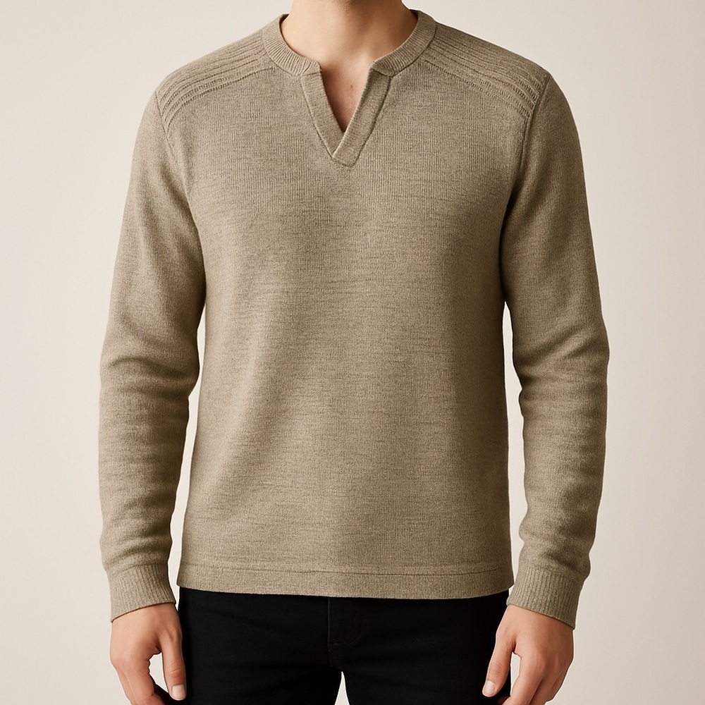 Le Château Textured Knit Split-Neck Sweater in Taupe – Size M